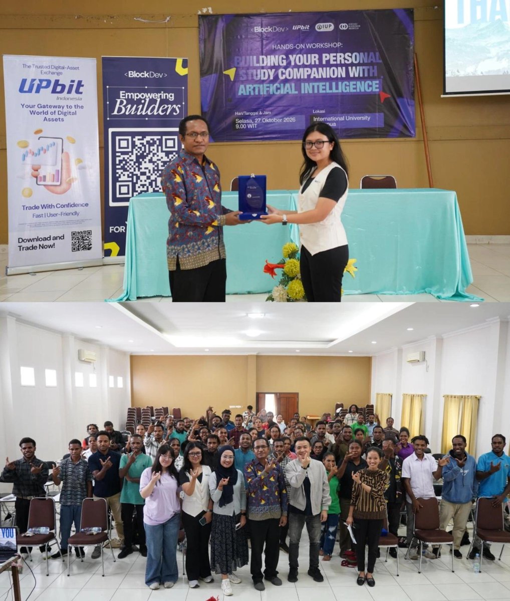 blockdev_org's tweet photo. Hari ini BlockDev ada di International University of Papua (@IUP_OFFICIAL_) bareng @UpbitID. 

Mahasiswa praktik langsung membangun personal study companion dengan AI, yang nantinya bisa terus dikembangkan untuk materi dari berbagai mata kuliah.

Didukung oleh @BlockchainIndo. https://t.co/JmZMxINZrZ