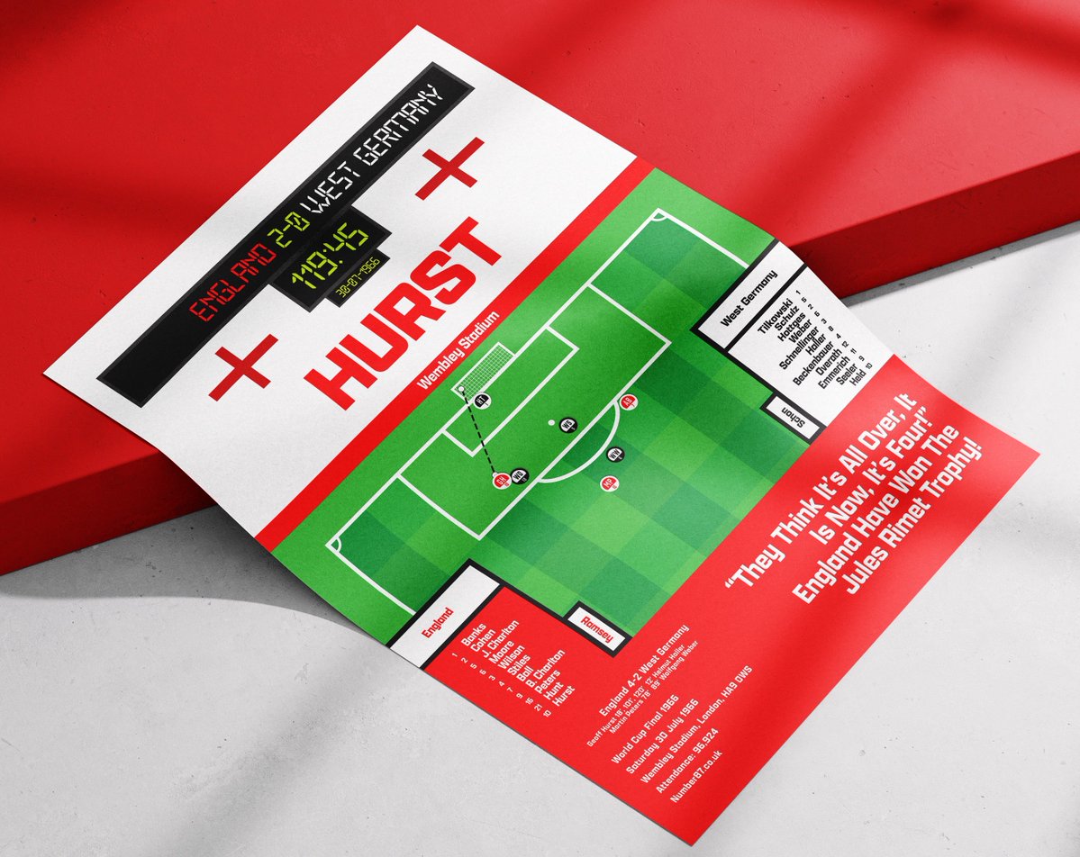 Number87Prints's tweet photo. England's Greatest Ever Day. 

30 July 1966, Football Came Home
'They Think It's All Over, It Is Now'

Geoff Hurst's goal sealed victory for England at Wembley to lift the Jules Rimet Trophy. All the details of the special day for English Football contained in this poster. https://t.co/S57ogCN4Jk