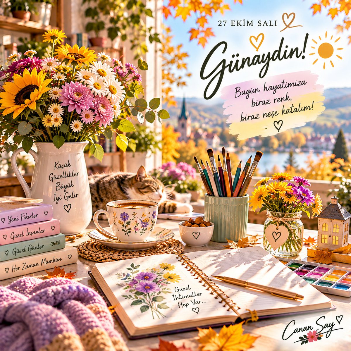 nevbaharreyhan's tweet photo. ☀️ 27 Ekim #Salı #Günaydın
#Ekim ayının son günlerine geldik. Yapraklar birer birer dökülüyor ama güzel ihtimallerin mevsimi henüz bitmedi!
🌷 Günümüz bereketli, adımlarımız kolay, karşılaşmalarımız güzel olsun. Hepimize içimizi açan, neşeli bir salı diliyorum!
#Canansay 💜 https://t.co/bih6SDfpcM