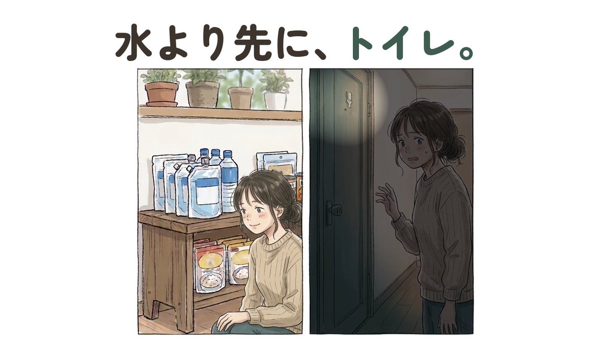 bousai_oni_'s tweet photo. トイレは1人1日5回が目安なので、1週間なら1人35回分。仮に4人家族なら140回分です。水や食べ物は数えても、この数字を数えたことがある家は少ないんじゃないかと、私は感じています。我慢はできても、暮らしは止まりやすいところだからです。私だったら水の備蓄より先に、まず家の簡易トイレが何回分あるかを数えます。ここは水が先派か、トイレが先派か、意見が割れそうです。あなたの家はどちらに寄っていますか？