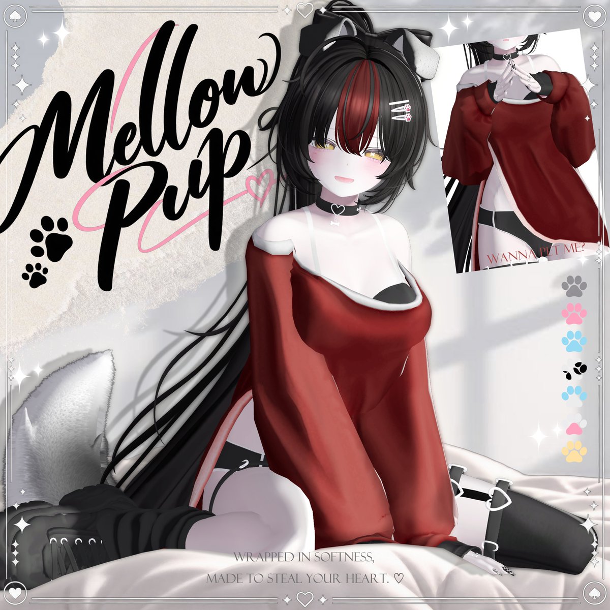 Amairo_Booth's tweet photo. 🐾 Mellow Pup ♡

新作3D衣装、まもなく発売！✨

明日または木曜日に発売予定です🤍

🎀 フォロー＆RTで
抽選で3名様にFull Packをプレゼント🎁

ぜひ参加してね！💕

#Amairo_Booth #VRChat https://t.co/BokYKLZnSe
