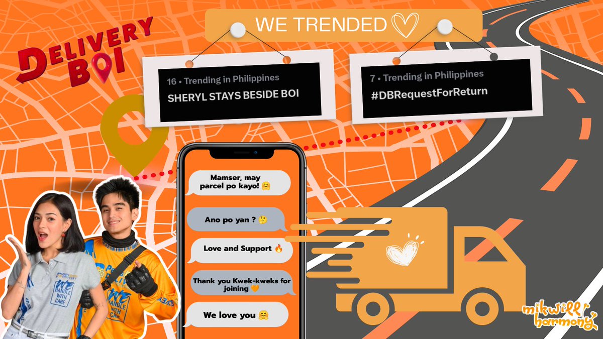 MikWillHarmony's tweet photo. We made it, Kwek kweks! Nag top 7 at 16 tayo~
Thank you so much sa lahat ng effort n’yo sa trending party kanina. Tuloy-tuloy po ang pag suporta natin kay @mikslmnc aka Sheryl and @willashley05 aka Boi 😊🧡
SHERYL STAYS BESIDE BOI
#DBRequestForReturn #DeliveryBoi #MikWill https://t.co/Btlxi6gv0K