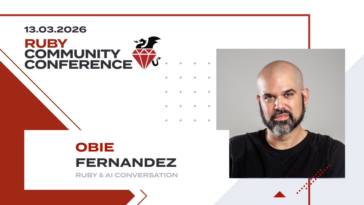 RCConference's tweet photo. Back in March, @obie  Fernandez took the stage at RCC 2026 for “Ruby &amp; AI conversation.” 💎

Seven months later, that feels like ages in the AI world. 😅

How much of that conversation still holds up? Rewatch and judge for yourself! 👇

https://t.co/baHVqZYnsI https://t.co/vpNSb3LZci