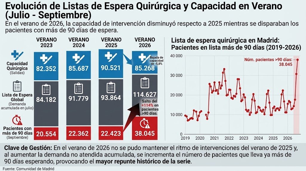 ciudadano_o2's tweet photo. ‼️Los quirófanos de Madrid ya han llegado a su límite este verano

Con un volumen de intervenciones similar a 2023-24 (pero inferior al récord de 2025) no han podido asimilar la cola creciente, y se dispara x2 la espera >90 días

El sistema está desbordado https://t.co/rOEotG9eyB