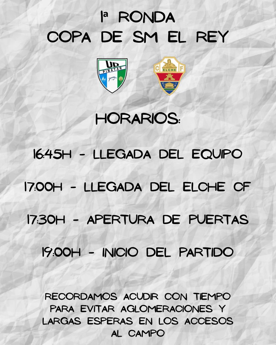 PinatarUD's tweet photo. 🕢 Aqui os dejamos los horarios previsto para el dia de hoy, con motivo del partido de Copa de SM el Rey 👑 

**Los horarios son estimados y es posible que puedan variar un poco** https://t.co/0BvuWX2S4m