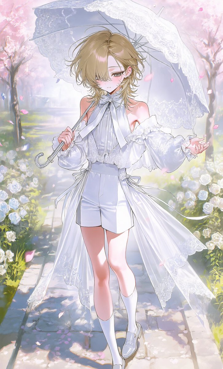 Lulu_2nya0's tweet photo. ✧プロンプト配布✧

多分花びらの下でレースの傘をさして儚い系です。 
服装指定あり、男女兼用、モデロラで違い有

 #プロンプト配布 https://t.co/COfT7m1wi4