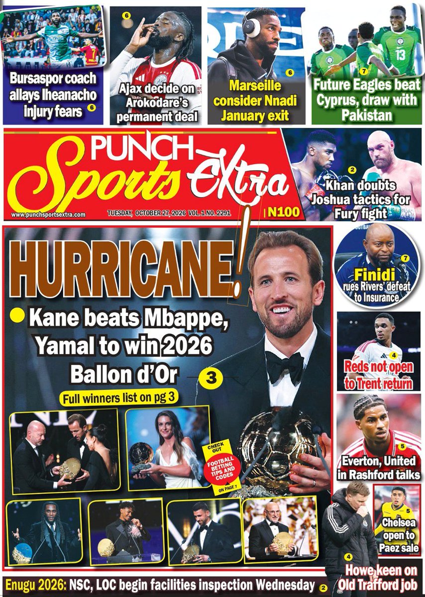 standard_ngr's tweet photo. 2. Punch Sports Extra

Harry Kane Wins 2026 Ballon d'Or as England's First Since 2001

3. The Matrix Sports

NO ADVERSARY Dog House Megaways Sweet Bonanza #SultanMaccidoAt20 2500x Congrats Harry Kane Lionel Messi Divya #BettaEduAt40 #BallonDor Mbappe Lamine Yamal https://t.co/Nrln9WtPXo