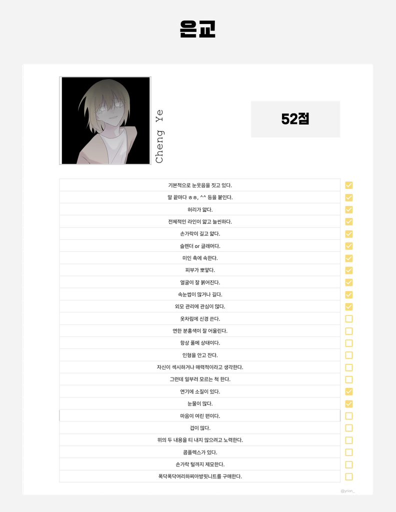 yrion_'s tweet photo. #체크리스트 #배포 
은교력 측정기와 아저씨력 측정기 체크리스트를 배포합니다!
각각 25문항으로 구성되어 있습니다.
사용료는 맘찍과 알티로 받겠습니다. 인용으로 사랑 화이팅 한번씩만 하고 가주시면 더 감사합니다!
은교: https://t.co/cFtMFdKGbf
아저씨: https://t.co/lwC3VirzM0 https://t.co/JMeac5nRHI