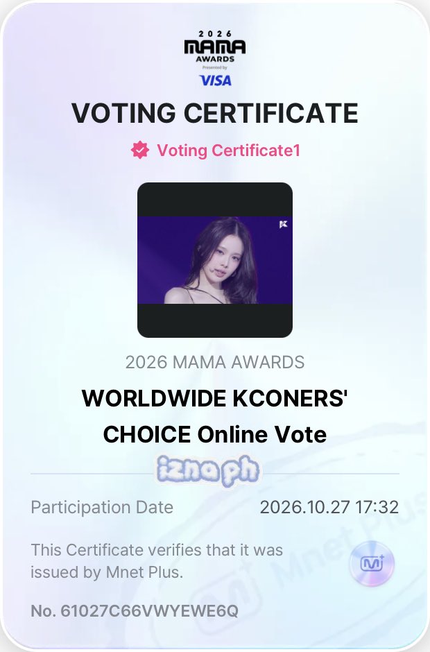 IZNAPH's tweet photo. [🗳️] 261027 2026 MAMA AWARDS

🏆 WORLDWIDE KCONERS’ CHOICE

📲 Mnet Plus App
🗓️ Oct 12 - Nov 08 (23:59 KST)
🔗 https://t.co/2wT4oqQo8G

📹 izna - Mamma Mia (126.4K views)
🔗 https://t.co/1RKai3ge6Y

🗒️: NAYAs! Don’t forget to vote for izna in the Worldwide KCONERS’ Choice category and continue streaming their ‘Mamma Mia’ video on the Mnet Plus app! Make sure to like and share the video as well, and don’t forget to drop your voting and streaming proofs. Let’s keep supporting izna until the end of voting!

#izna #이즈나 #イズナ 
@izna_offcl @izna_offcl_jp