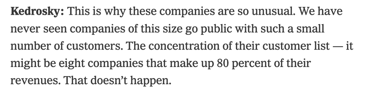 ModeledBehavior's tweet photo. In a recent NYT debate, Paul Kedrosky claimed that 80% of Anthropic revenues come from 8 companies. He claimed Meta alone makes up 10%. 

As Azeem Azhar pointed out, this concentration was declining over time and we'd have an answer in the S-1. 

The S-1 tells us: 

"No single customer represented more than 10% of our revenue for the nine months ended September 30, 2026. Approximately 79% of our revenue came from customers outside of our top five customers for the three months ended September 30, 2026, up from approximately 64% for the three months ended March 31, 2026."

So that resolves it. Concentration is below the levels Kedrosky warned of, and falling. 

https://t.co/u7vgggB0M6

https://t.co/gdLy2DncoZ