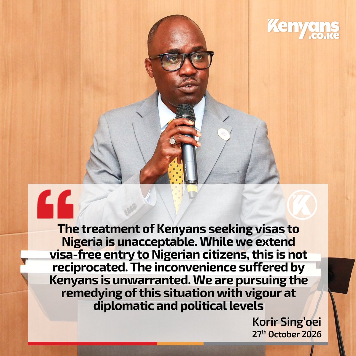 Kenyans's tweet photo. The treatment of Kenyans seeking visas to Nigeria is unacceptable. While we extend visa-free entry to Nigerian citizens, this is not reciprocated - PS Korir Sing'oei https://t.co/2vXr4JrG25