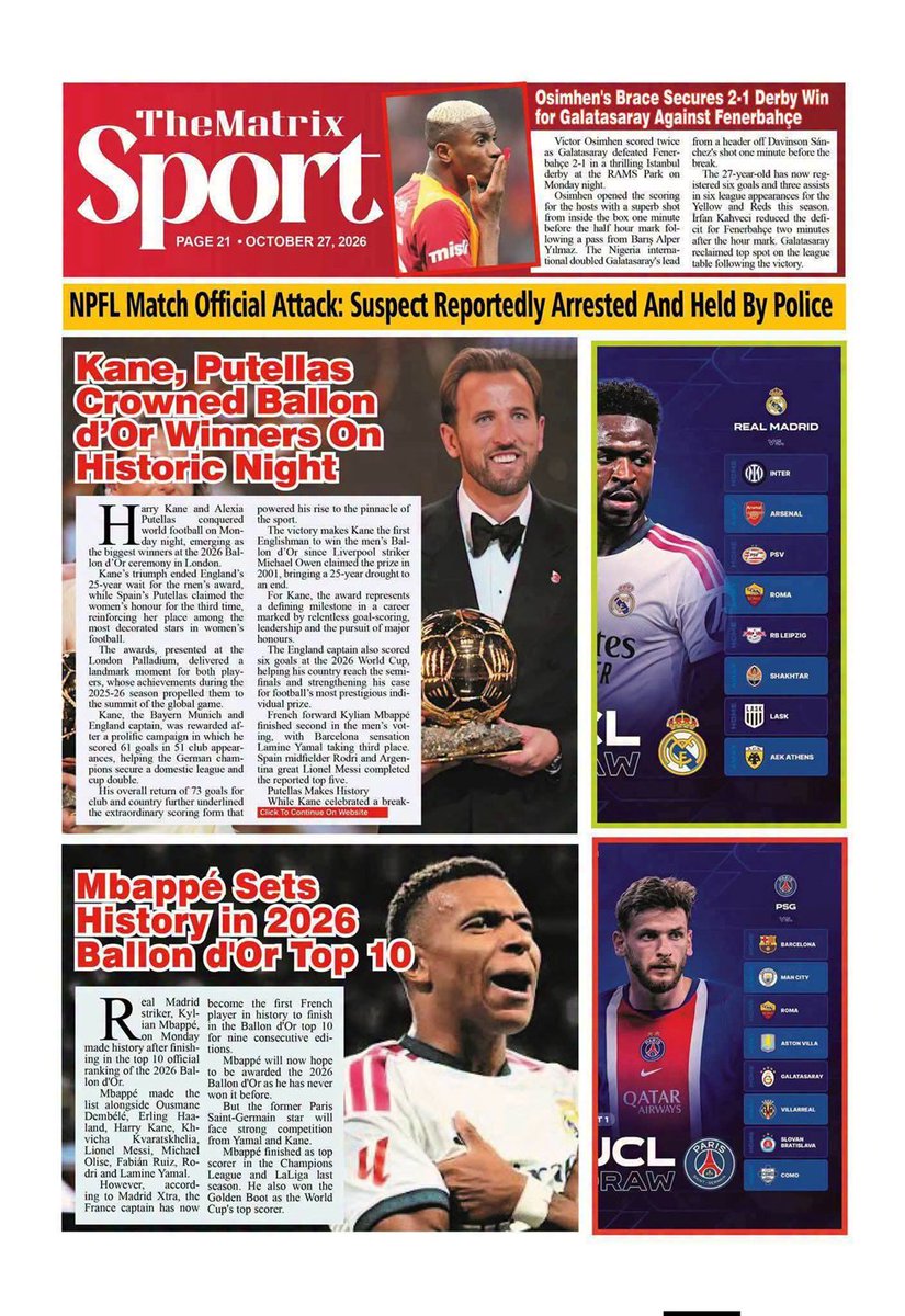 standard_ngr's tweet photo. 2. Punch Sports Extra

Harry Kane Wins 2026 Ballon d'Or as England's First Since 2001

3. The Matrix Sports

NO ADVERSARY Dog House Megaways Sweet Bonanza #SultanMaccidoAt20 2500x Congrats Harry Kane Lionel Messi Divya #BettaEduAt40 #BallonDor Mbappe Lamine Yamal https://t.co/Nrln9WtPXo