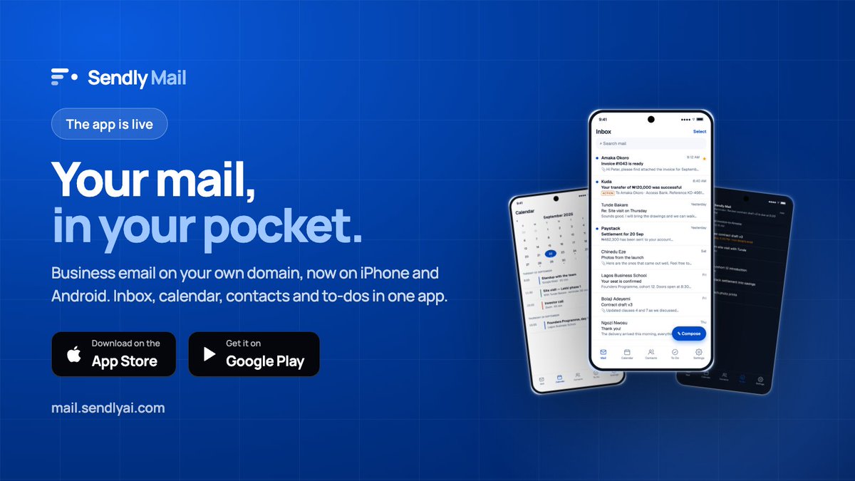 sendly_ai_'s tweet photo. Sendly Mail mobile app is Live!!!!!

Sendly mail allows you to create mailboxes for your teams, businesses and company on your own custom domain with additional peaks including calendar and to-do.

To start: https://t.co/jwl7fE2HQX

Applestore: https://t.co/7E0b5kVxH7

Playstore: https://t.co/RqTuZnZyEw