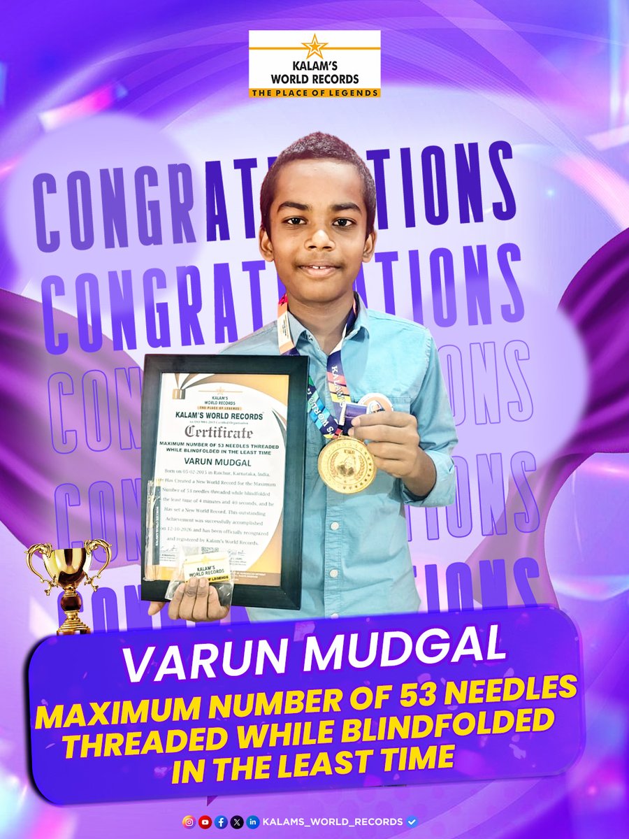 K_B_O_R's tweet photo. Maximum Number of 53 Needles Threaded While Blindfolded in the Least Time
👏 Congratulations, Varun Mudgal!
#kalamsworldrecords #newworldrecord #amazingskills https://t.co/g1Qk1xyiSP