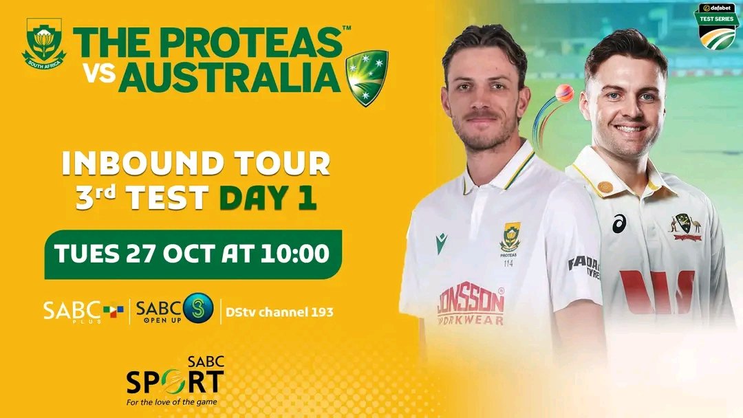 SABC3's tweet photo. 🏏 NOW LIVE 🚨 | PROTEAS v AUSTRALIA 🇿🇦🇦🇺

The 3rd Test is underway! 🔥

📅 Tuesday, 27 October | DAY 1
📺 SABC 3 | Not available on OVHD
📲 Stream live on https://t.co/CIUq1f7VLH

#SABCSport #S3OpenUp https://t.co/gikmiFrtfB