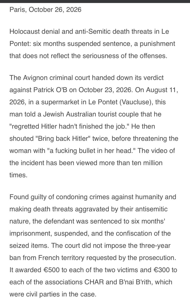 RachelMoiselle's tweet photo. And there we have it, folks. 

The Irishman who went viral for threatening a Jewish couple French supermarket was found guilty of condoning crimes against humanity and making antisemitic death threats.

This is what too many Irish people on this site, including an Irish Times, journalist, spread conspiracies about. This is what too many Irish people condoned, justified, and, in some cases, even lauded. 

What is notable here, as Daniel says, is that the Irishman’s name has been revealed as Patrick — Paddy. 

Will we see any apologies from the Irish people who lied that the Jewish victims were using ‘Paddy’ as an ‘anti-Irish slur’? 

Sadly I just do not expect this. Because that would require an integrity that they simply do not possess.