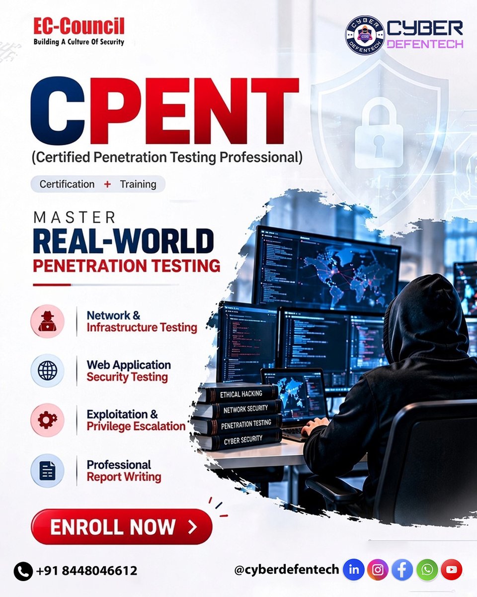 cyberdefentech's tweet photo. 𝐂𝐏𝐄𝐍𝐓 – 𝐏𝐞𝐧𝐞𝐭𝐫𝐚𝐭𝐢𝐨𝐧 𝐓𝐞𝐬𝐭𝐢𝐧𝐠
Master real-world pentesting with hands-on training.
📩 training@cyberdefentech.com
📞 +91 8448046612
📲 DM us: @cyberdefentech
#cyberdefentech #cds #PenetrationTesting #EthicalHacking #ECCouncil #CyberSecurity https://t.co/SjqUZwFXcx