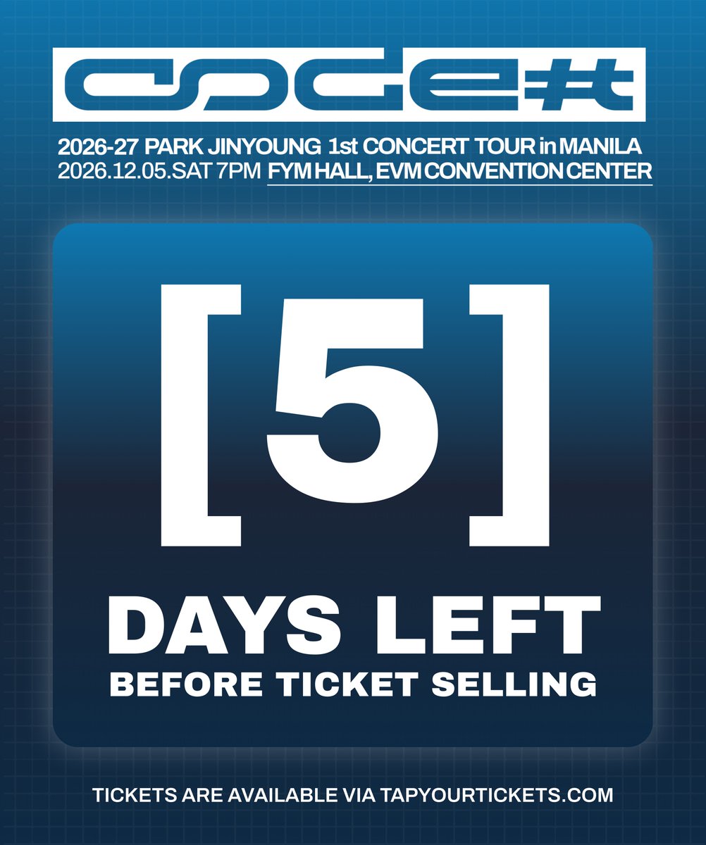 philconcerts's tweet photo. AND NOW, THE COUNTDOWN IS ON! 

Only 5 days until you can secure your spot at the PARK JINYOUNG 1ST CONCERT TOUR [CODE#] IN MANILA. 🔒

Tickets will be available on 1 November via https://t.co/S6zhuUiHaP 

@Threeanglespro https://t.co/rSmybYG12X