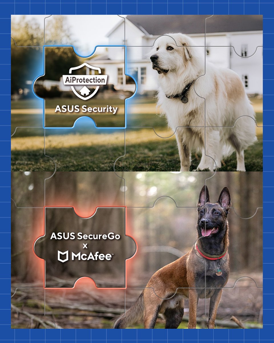 ASUS's tweet photo. 🐾🛡️ Meet your digital protectors:
 🏠 Home Guardian: ASUS AiProtection
 ✈️ Mobile Shield: ASUS SecureGo powered by McAfee

Stay protected at home and on the go. 👉 https://t.co/osibaZt4Wp 

#ASUS #SecureGo #McAfee #AiProtection https://t.co/QlcvWTffaY