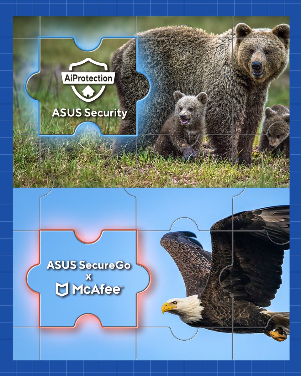 ASUS's tweet photo. 🐾🛡️ Meet your digital protectors:
 🏠 Home Guardian: ASUS AiProtection
 ✈️ Mobile Shield: ASUS SecureGo powered by McAfee

Stay protected at home and on the go. 👉 https://t.co/osibaZt4Wp 

#ASUS #SecureGo #McAfee #AiProtection https://t.co/QlcvWTffaY