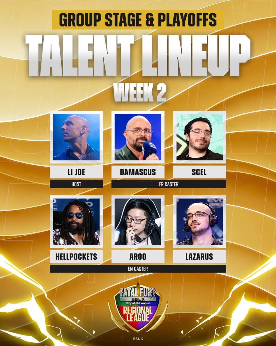 snk_esports_hub's tweet photo. 🎙️ YOUR #FFRL WEEK 2 TALENT LINEUP IS HERE!
Meet the voices bringing you all the action for Week 2 of the FATAL FURY Regional League, featuring EU & MENA and North America! 🔥

🗓️ (Restream) EU & MENA League: 29-30 October | 6:00 PM CET / 5:00 PM UTC
🗓️ (Restream) North America League: 31 October | 6:00 PM PDT / 1:00 AM UTC (1 November)
🗓️ (Restream) North America League: 1 November | 6:00 PM PST / 2:00 AM UTC (2 November)

🎤 Host: @thisislijoe
🌍 English Casters | EU & MENA / North America
🎤 @HellPockets, @aroolee, @UILazarus 
📺 SNKOfficial Twitch & YouTube

🌍 French Casters | EU & MENA
🎤 @zDamascus, @ScelGH
📺 SNKOfficial_JP Twitch & SNKOfficial YouTube

Tune in and catch every moment of the competition!
#FatalFury #CotW