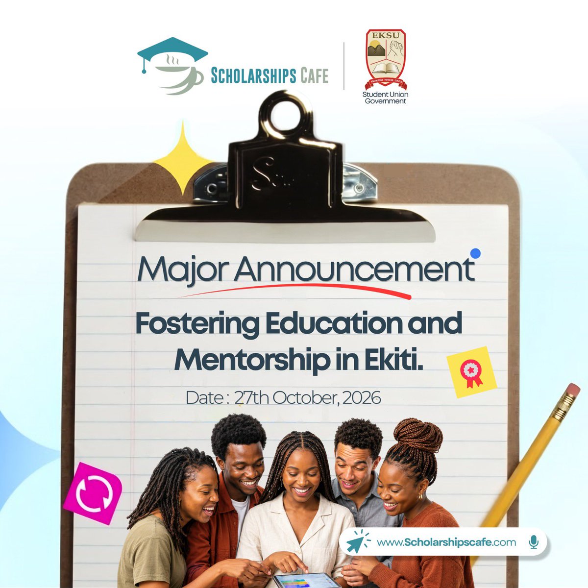 olumuyiwaayo's tweet photo. I am excited to share an upcoming partnership between Scholarships Cafe and the EKSU Student Union Government (SUG) @officialeksusug aimed at expanding access to global educational opportunities and mentorship for students in Ekiti State.

Education opens doors, but access to the right information, guidance, and opportunities can make all the difference in a young person’s journey.

Through this partnership, we look forward to empowering EKSU students with the knowledge, resources, and mentorship they need to explore global scholarships, pursue further education, and achieve their academic and professional aspirations.

We believe that where you come from should never limit how far you can go.

More details coming soon. Stay tuned! 🚀

@CosmasOba