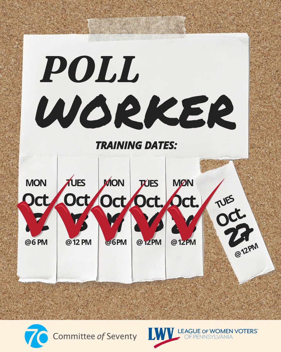Committeeof70's tweet photo. TODAY AT 12 PM IS THE LAST POLL WORKER INFO SESSION!

Join us for a live session and get your questions answered by an expert. There's still time to sign up!

Sign up here: https://t.co/xVKOVA6ejE https://t.co/F2IlC7eHac