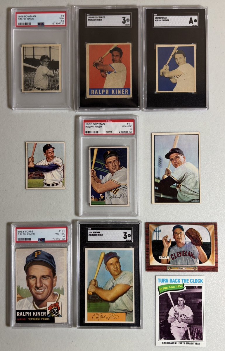 BaseCardsRule's tweet photo. Ralph Kiner (1922-2014) was born on this date. The HOFer was a 6 time All Star &amp; led the NL in HR 7 straight years (1946-1952) - the only player ever to do so. He was a Mets announcer from 1962 to 2014. Here is a complete career run of his Topps, Bowman &amp; Leaf base cards. https://t.co/nOUr1K87fe
