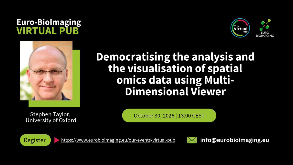 EuroBioImaging's tweet photo. At this week's #VirtualPub, we welcome Stephen Taylor, University of Oxford, for a talk on "Democratising the analysis and the visualisation of spatial omics data using Multi-Dimensional Viewer." 
🗓️ Friday, Oct 30 @ 13:00 CET
https://t.co/O7T1Csx1yT https://t.co/vr8BgRzXO2
