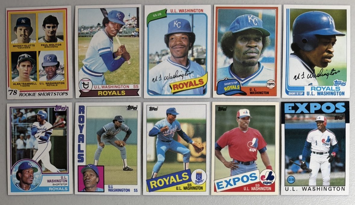 BaseCardsRule's tweet photo. U.L. Washington (1953-2024) was born on this date. Known for the toothpick he kept in his mouth during games, Washington was a solid contributor to the Royals playoff teams from 1980-1984. Here is a complete career run of his Topps base cards. https://t.co/YeFZXGu1pd