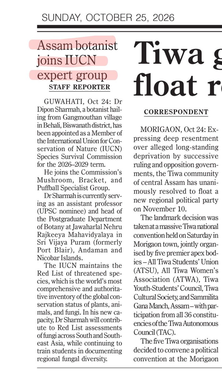 dipon1's tweet photo. I have been appointed to the International Union for Conservation of Nature (IUCN) Species Survival Commission for the 2026–2029 term. Thank you, @assamtribuneoff , for the story. 

#IUCN #JNRM #Andamans https://t.co/LOSDCNncZg