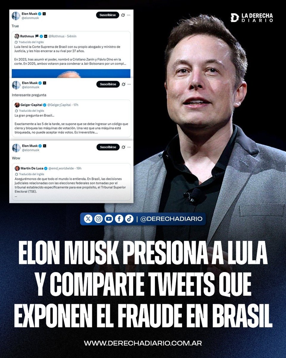 Resistance_SM's tweet photo. 🚨🇺🇸🇧🇷 | URGENT NOTRE AMI
@elonmusk EXERCE DES PRESSIONS SUR LULA ET DIFFUSE DES DÉNONCIATIONS DE FRAUDE DANS LES ÉLECTIONS AU BRÉSIL

Le propriétaire de X a partagé plusieurs publications qui exposent les irrégularités dénoncées lors des élections, le prolongement de deux heures du scrutin ordonné par Cristiano Zanin, l'ancien avocat de Lula, et l'intervention de la Cour suprême.

Musk a également remis en question les résultats électoraux en raison de l'énorme quantité de votes que Lula a obtenus entre le premier et le second tour : « LES COMPTES NE TOMMENT PAS ».

Info @laderechadiario