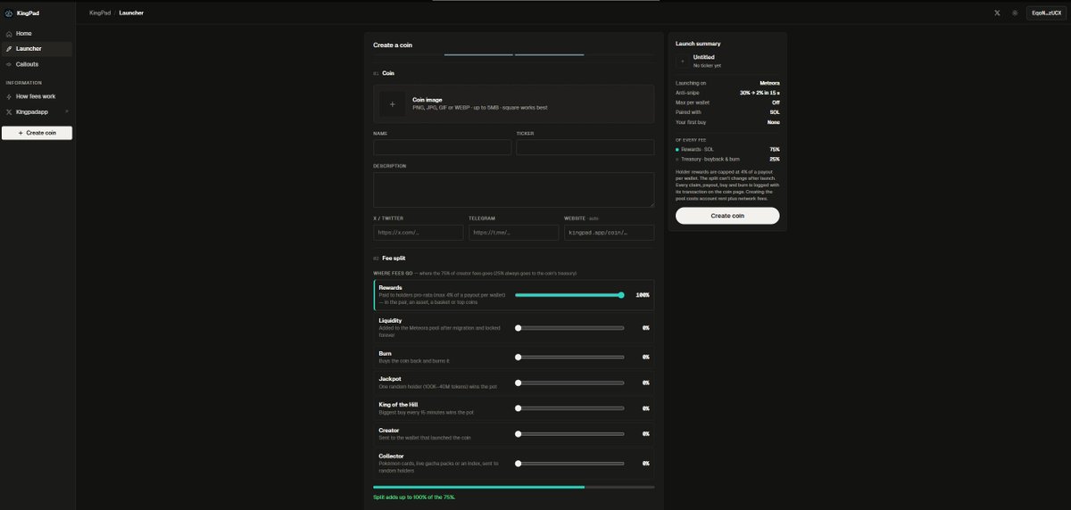 Kingpadapp's tweet photo. King Pad  All in one launchpad

Launch your coin by King on Meteora , StonkFun and PumpFun

Exclusive on Meteora
Anti-snipe mode ( first 5 sec tax 30%, 5-10 sec 20% , 10-15 sec 11% , after 2% )
Anti-bundle mode ( on the main coin you can't buy more than 3% , on the others dev manually setting size between 0.2-5% )

Modes for all platforms :
Anti-vamp mode - same ticker could be launched one time in 60 minutes.

Kinth of the Hill - the biggest buyer in cycle getting all the fees
Jackpost - fees to random holders
Burn - buybacks and burns
Liquidity - fees to LP to make floor stronger

Rewards mode
Classic - holders getting rewards in Sol
Collector - rewards in cards ( pokemon , football , basketball or gatcha packs with Rolex )

ETF/Index mode
Up to 10 pairs in 1 coin

Pair mode
Stocks/other memes

https://t.co/5vZ8IlUXUo