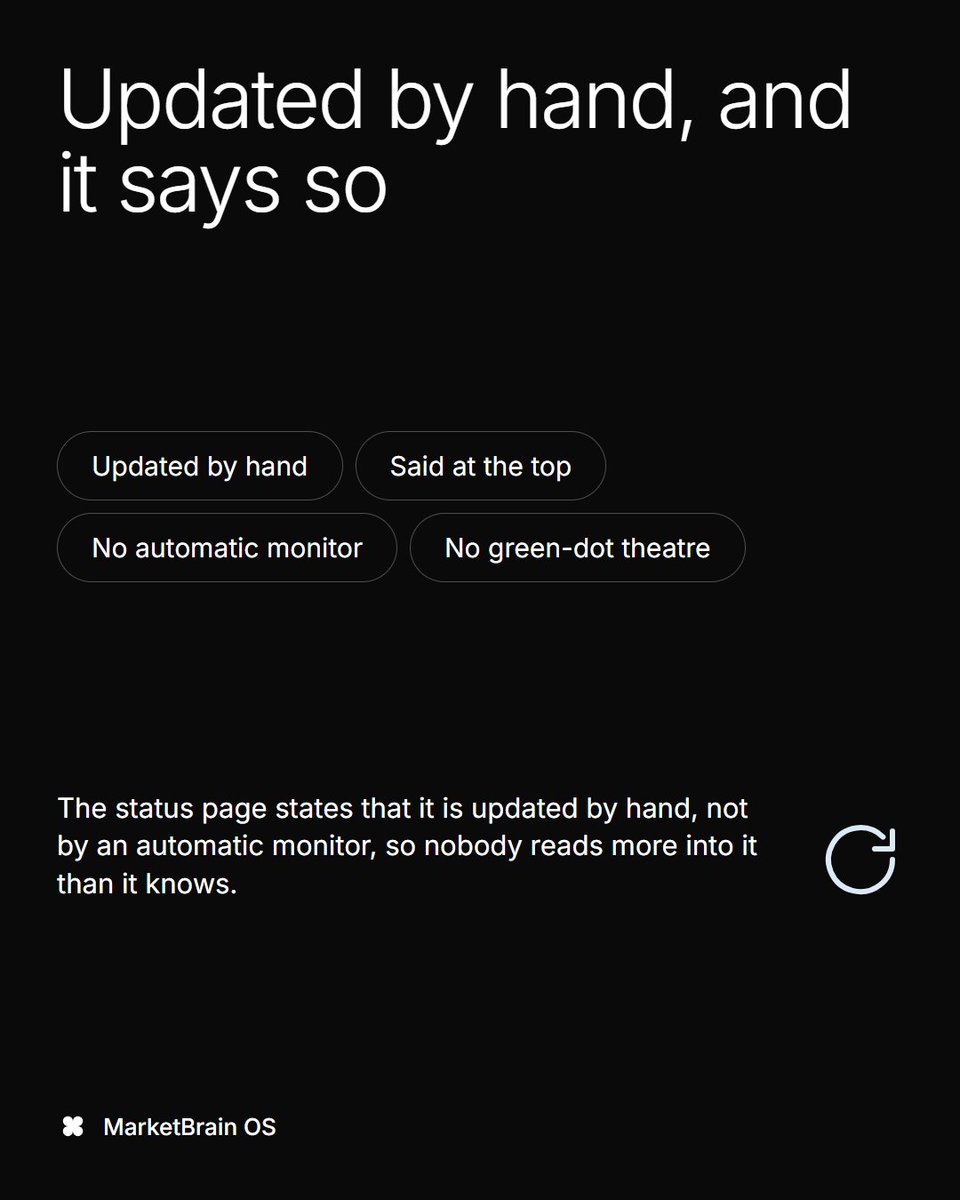 StephanieGhso's tweet photo. the MarketBrain OS status page says, right at the top, that it's updated by hand, not by an automatic monitor.

I'd rather tell you how the page works than let a green dot imply more than it knows.

#SaaS https://t.co/sNcraGYM2g