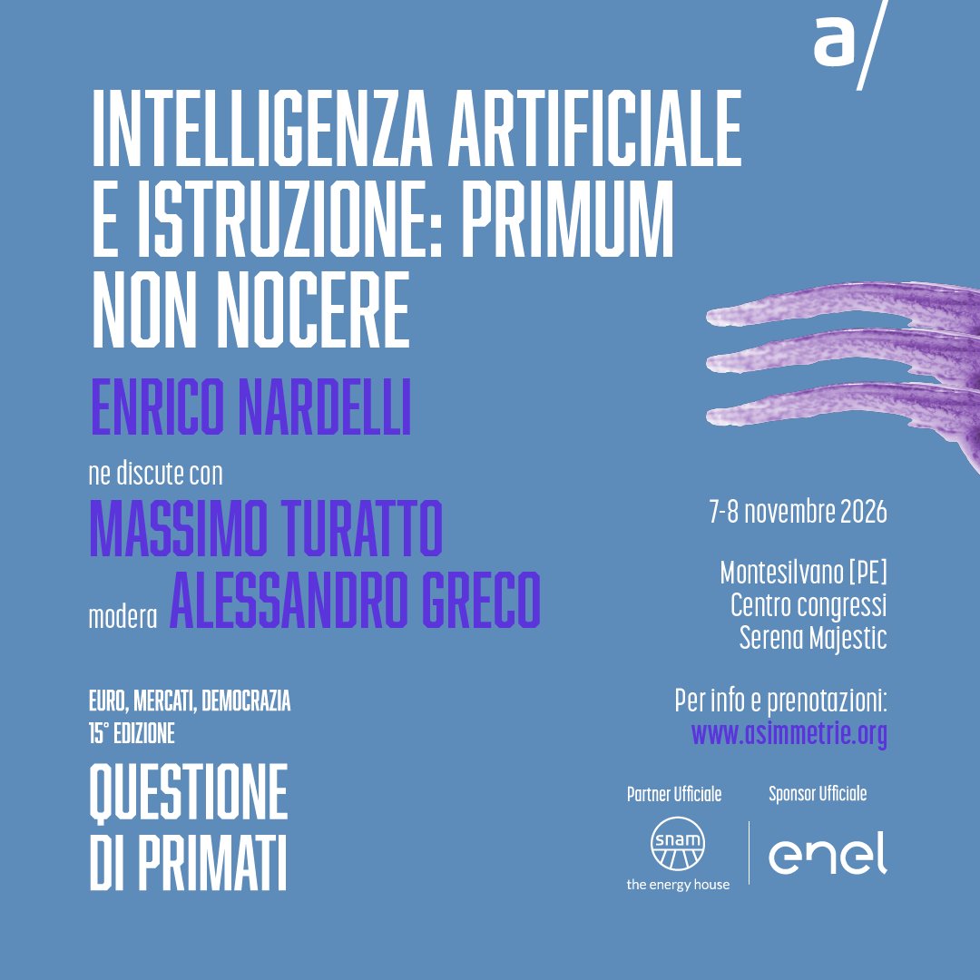 AsimmetrieOrg's tweet photo. @AlbertoBagnai @PontiBenedetto @Unibo @snam @fsitaliane Viene prima l’uomo o la macchina?
Una domanda che ritorna con forza nell’era dell’intelligenza artificiale.
Al #Goofy15 ne parleranno
@enriconardelli, @unitorvergata2
e Massimo Turatto @UniTrento
moderati da @Pgreco_
Info ↪️https://t.co/X29YPFLgzc https://t.co/va402gRRVF