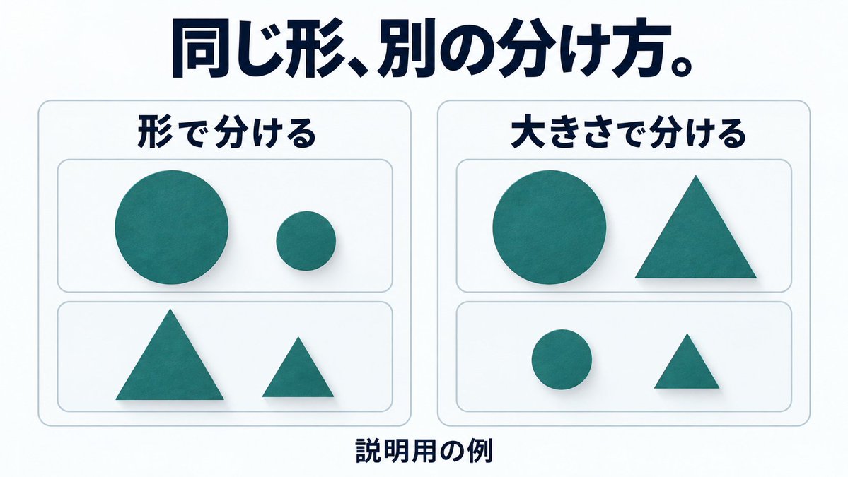 EduCraftCreate's tweet photo. 同じ形、別の分け方。

DREMEの資料は、同じ対象を別の特徴で分け直す活動を紹介。

説明用の例：AIと形あそびを考えるなら、大小の○△4枚を「形」、次は「大きさ」で分類。私は、正誤だけでなく「何を見て分けたか」を話せる遊びにしたい。
https://t.co/KcyUP2kIx8 https://t.co/CgycTQSCEu