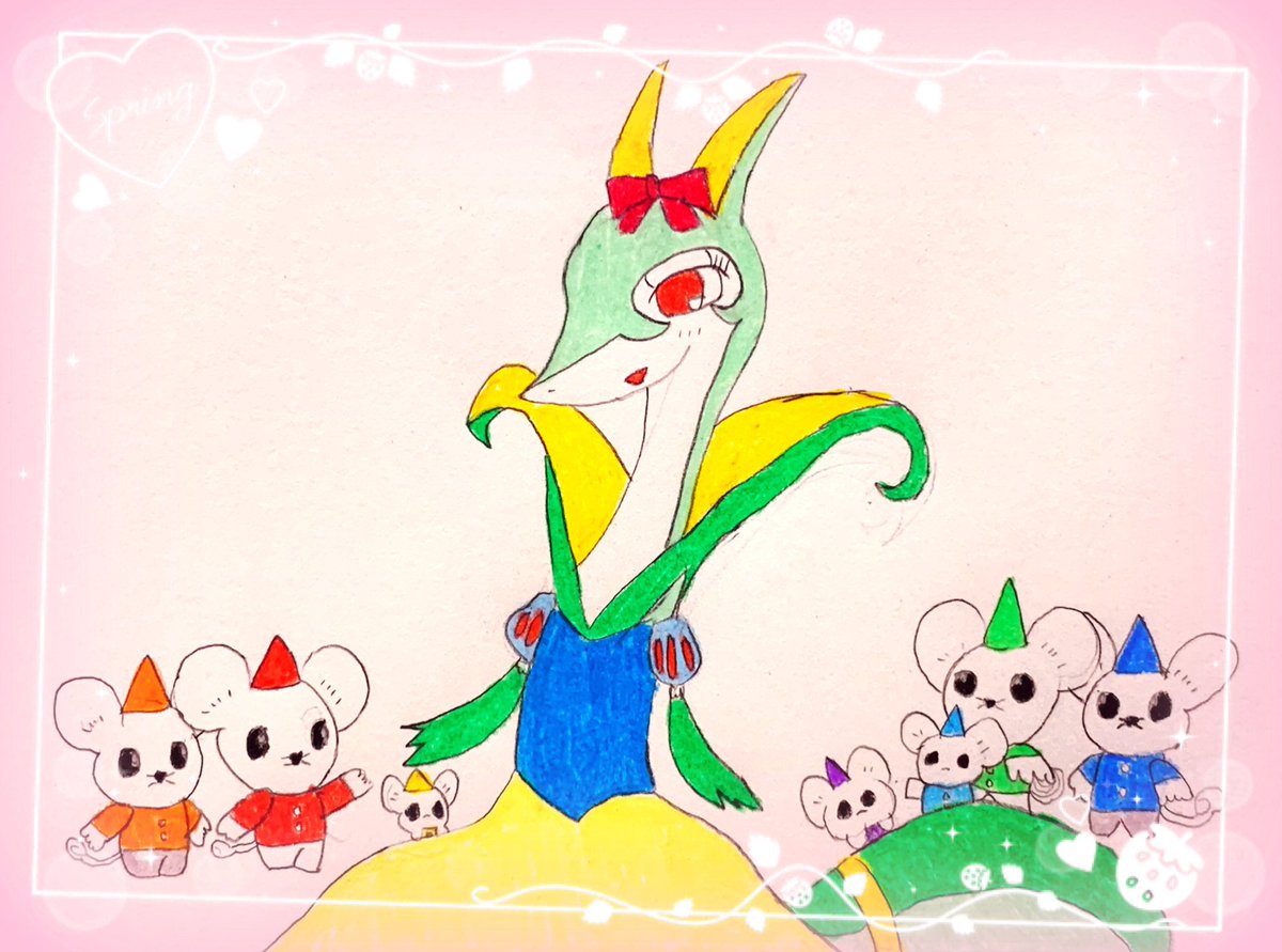 moon_cherry0309's tweet photo. だいぶ前に描いた白雪姫パロ🍎
結構前に描いたから今と絵柄違ってちょっと恥ずかしい…(⌒-⌒; )
白雪姫…ジャローダ
王子…エンペルト
7人の小人達…イッカネズミ
狩人…ジュナイパー
女王…ブリムオン
#ポケモンイラスト https://t.co/wx68tvQA4F