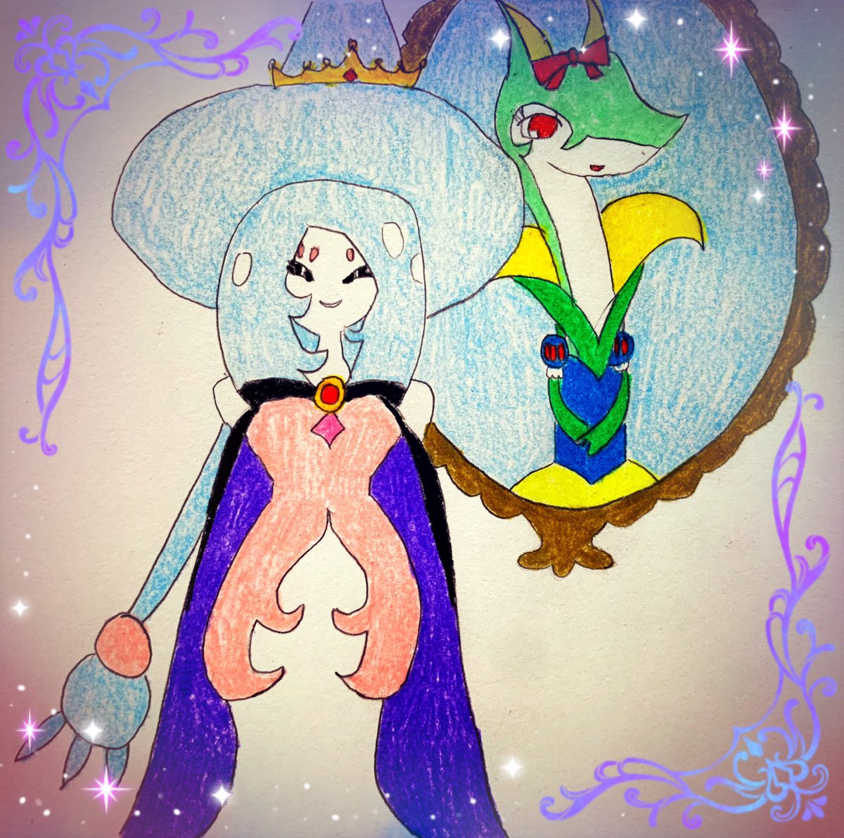moon_cherry0309's tweet photo. だいぶ前に描いた白雪姫パロ🍎
結構前に描いたから今と絵柄違ってちょっと恥ずかしい…(⌒-⌒; )
白雪姫…ジャローダ
王子…エンペルト
7人の小人達…イッカネズミ
狩人…ジュナイパー
女王…ブリムオン
#ポケモンイラスト https://t.co/wx68tvQA4F