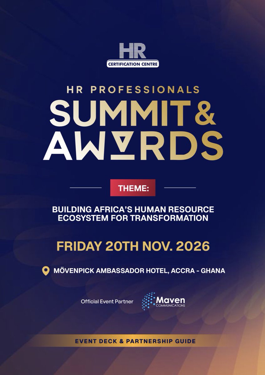 TheGhanaWeb's tweet photo. The HR Professionals Summit & Awards 2026 is set to bring together human resource professionals and industry leaders to explore ways of building Africa’s human resource ecosystem for transformation.

The event is scheduled for Friday, November 20, 2026, at the Mövenpick Ambassador Hotel in Accra, under the theme:

“Building Africa’s Human Resource Ecosystem for Transformation.”

#ghanaweb
#ghanawebtv
#HRProfessionalsSummit