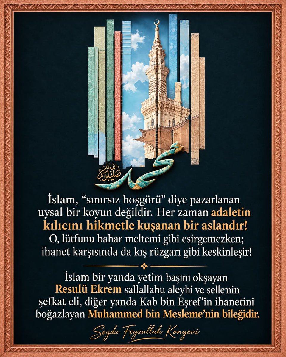 SeydaMFKonyevi's tweet photo. İslam, 'sınırsız hoşgörü' diye pazarlanan uysal bir koyun değildir. Her zaman adaletin kılıcını hikmetle kuşanan bir aslandır! O, lütfunu bahar meltemi gibi esirgemezken; ihanet karşısında da kış rüzgarı gibi keskinleşir! 

İslam bir yanda yetim başını okşayan Resulü Ekrem'in ﷺ şefkat eli, diğer yanda Kab bin Eşref'in ihanetini boğazlayan Muhammed bin Mesleme'nin bileğidir.