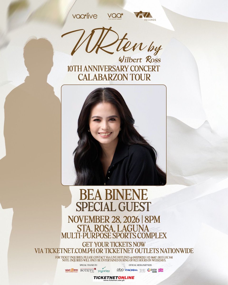 vaa_live's tweet photo. ✨SPECIAL GUEST REVEAL!✨

Joining Wilbert Ross on his 10th-anniversary milestone is none other than the gorgeous and talented Bea Binene as our special guest! ✨

This is a night you won't want to miss, mga Oso! Grab your tickets today via TicketNet and let's pack the house! 🎟️ https://t.co/dDX99rNrgZ