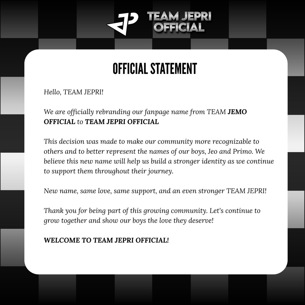 teamjepriofc's tweet photo. Hello, TEAM JEPRI! 

We are officially rebranding our fanpage name from TEAM JEMO OFFICIAL to TEAM JEPRI OFFICIAL! https://t.co/e0tUpqEzAa