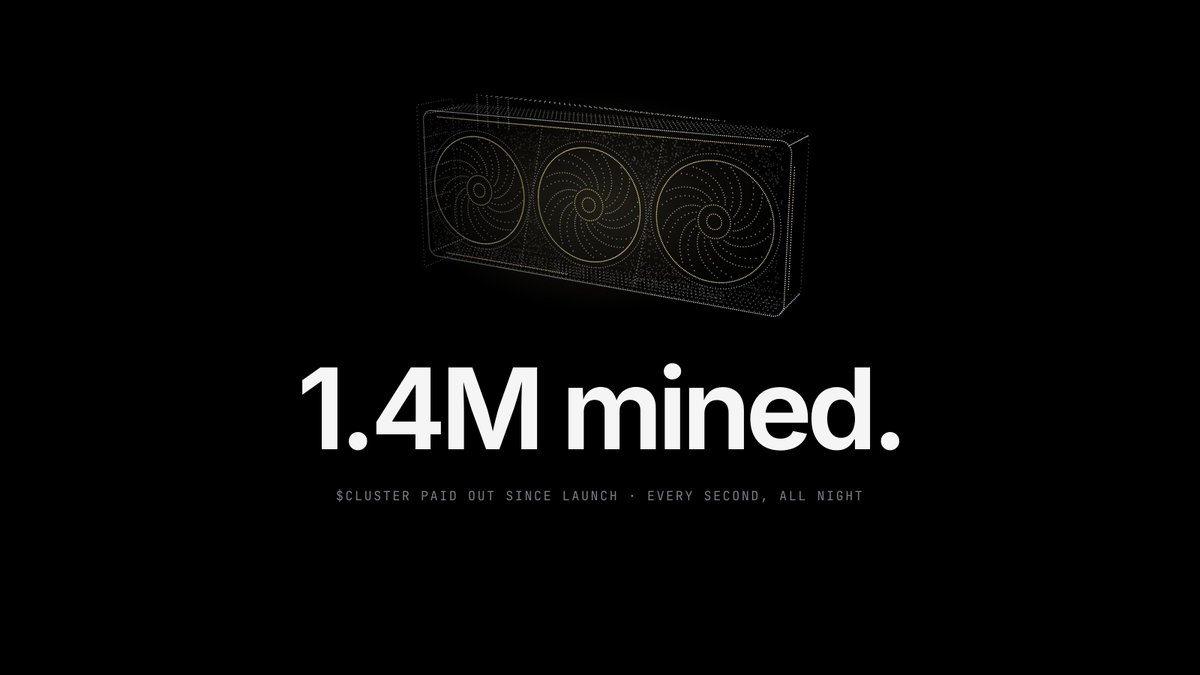 clusteronchain's tweet photo. gm miners

the mine crossed 1.4M $CLUSTER paid out. it ran all night, every single second, while you slept.

new miner on the floor overnight. 129 GPUs. 4 B200s.

day 2 is here. we keep minting.

https://t.co/6neb8WIPiy https://t.co/eJ1pAzjsRx