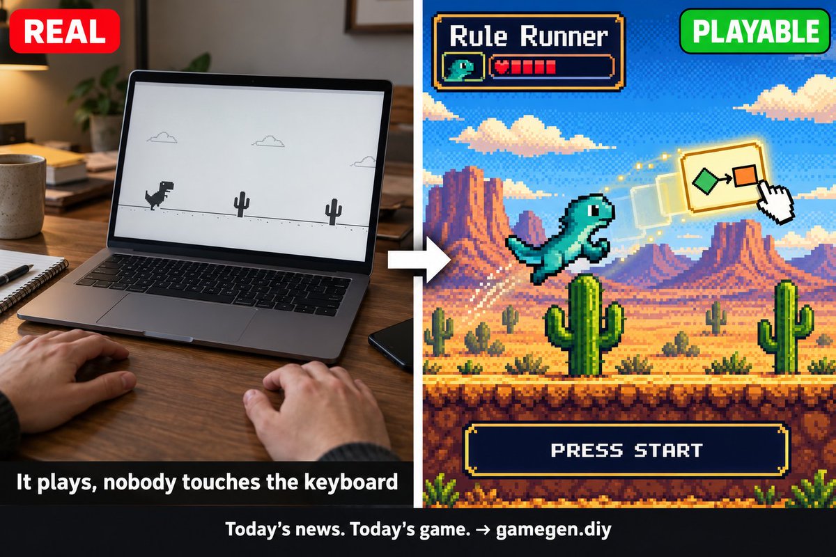 PlayGameGen's tweet photo. Someone wired their own Mac app into the Chrome dino game and let it do the jumping, per https://t.co/TfoR0fbgiq. 🦖
A game where you never press jump — you write the one rule that decides when.

#GameGen https://t.co/RYbMT4mDuU