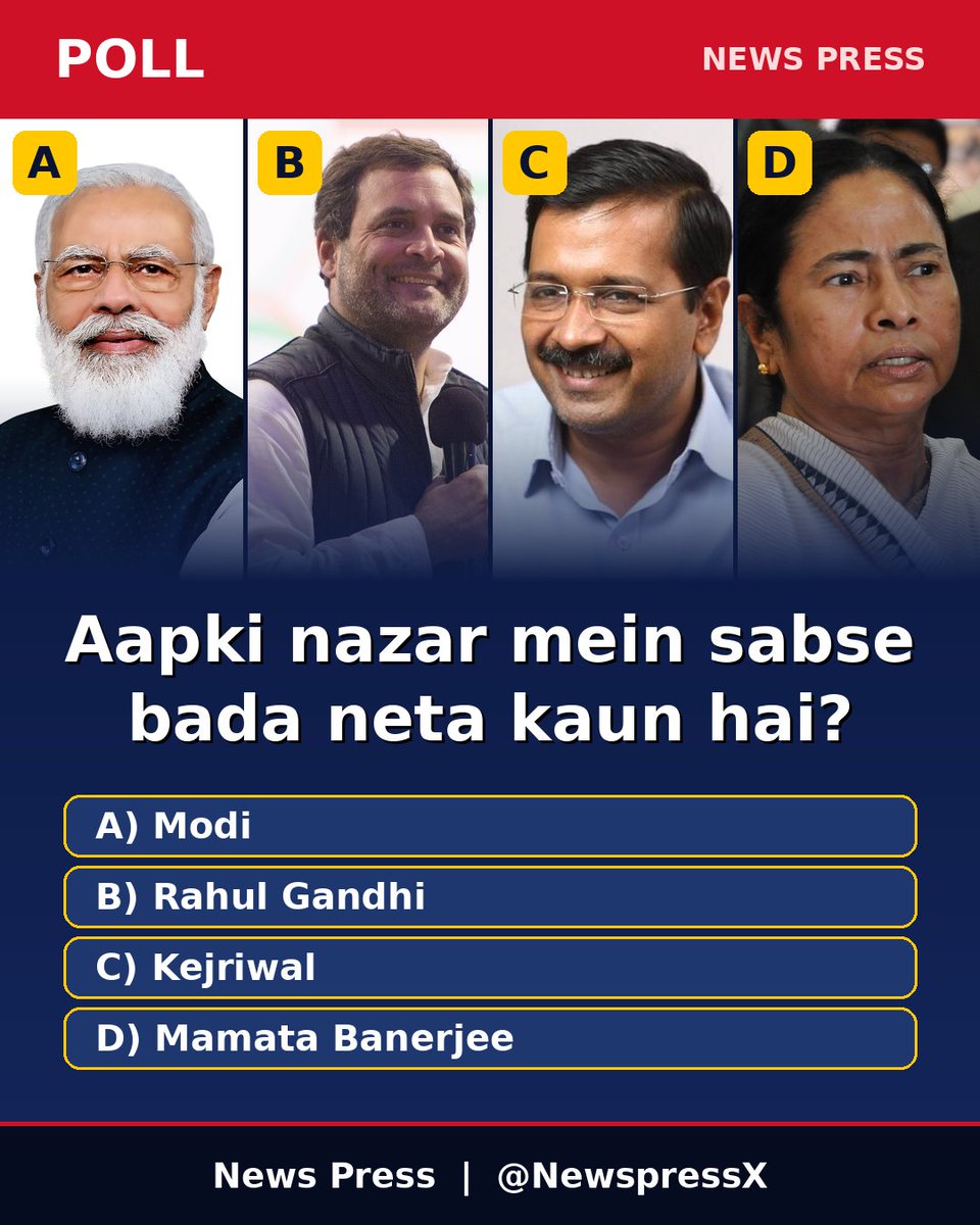NewspressX's tweet photo. Who is India's biggest leader? 

A) Modi 
B) Rahul Gandhi 
C) Kejriwal 
D) Mamata Banerjee

Can you guess what it is? 👀 https://t.co/0sDkidR5Pr