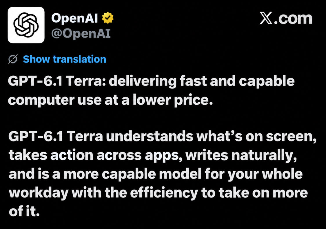 FutureAlpha12's tweet photo. PT-6.1 Terra is here: faster, sharper and up to 50% cheaper

Plot twist: the newer model costs less than the old one 😅

OpenAI has released GPT-6.1 Terra for ChatGPT Work, Codex and the API. It thinks better and runs faster, handles computer use and image understanding more accurately, writes more natural text and makes fewer mistakes. The price is up to 50% lower than GPT-5.6 Terra, and the model is already available to users.
Faster, smarter and cheaper in one release is a rare combo )