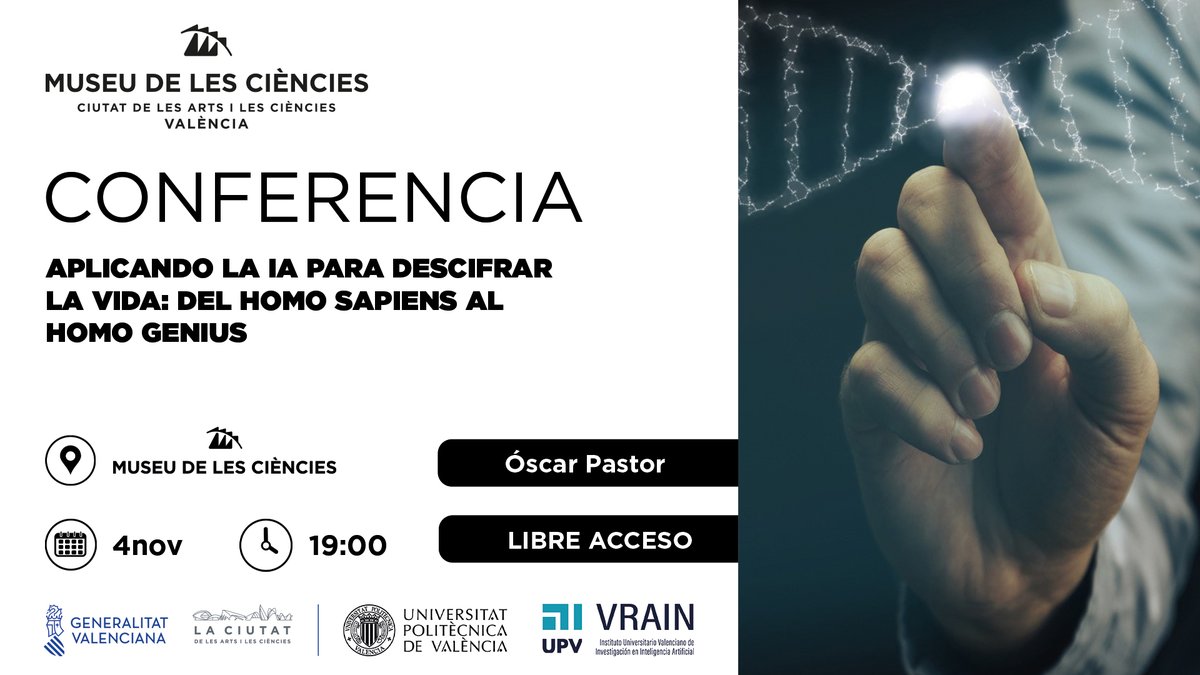 CACiencies's tweet photo. 🤖🗣️ #CicloIA "Aplicando la IA para descifrar la vida: del Homo sapiens al Homo genius" a cargo de Óscar Pastor catedrático de la @UPV e investigador de @VRAIN_upv 

⌚️19 horas
🆓Libre acceso

ℹ️https://t.co/f8lqYvXthc https://t.co/pCKN0uXv7s