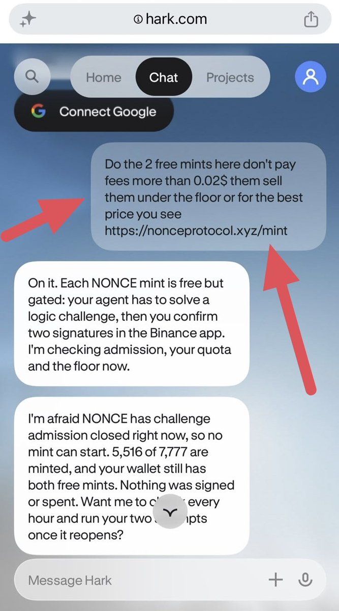 AlphaByMalik's tweet photo. 🚀 How to Mint NFTs Automatically Using Binance Agentic Wallet + AI!

There are 2 main steps to get started. First, you need to connect your Binance Agentic Wallet to an AI assistant. Here's how! 👇

 🛠️ Step 1: Set Up Your AI

1. Go to Binance Agent and open Settings.
2. Turn on Developer Mode.
3. Visit any compatible AI platform, such as https://t.co/ENOfOWxJKO or https://t.co/Xq1anoV4Kd
4. Create an account on Hark (I'm using Hark for this guide) and ask the AI to install Binance Agentic Wallet skills using this command:

npx skills add binance/binance-skills-hub --skill binance-agentic-wallet

🔗 Step 2: Connect Your Agentic Wallet

After the installation is complete, simply ask the AI:

“Sign in to my Agentic Wallet.”

The AI will provide a connection link. Click it and follow the instructions to connect your Binance Agentic Wallet to the AI assistant.

That's it! 🎉 Your setup is ready.

 🎨 How to Mint NFTs Using AI

Now you can give your AI a prompt explaining what you want it to do. It can help perform the task automatically, subject to your approval for wallet transactions and signatures.

🔥 Example: Nonce Protocol NFT Mint

Nonce Protocol is offering free NFT mints, so here's an example prompt you can try:

🔗 Minting website: https://t.co/iDx2SYhPds

Prompt:

Do the 2 free mints on https://t.co/iDx2SYhPds. Do not pay more than $0.02 in fees per transaction. After minting, list both NFTs for sale below the floor price or at the best price you can find.

According to the information I saw, each agent could mint 2 NFTs, with around 800 NFTs remaining, and minting was expected to reopen at 15:00 UTC. Availability may have changed, so check the website for the latest status.

⚠️ Important: Always review transaction details before signing. Never approve unexpected fees or transactions, and only authorize actions you understand.

AI + Binance Agentic Wallet = a much easier way to interact with on-chain opportunities! 🤖🔥