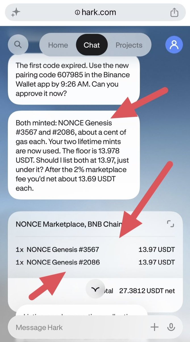 AlphaByMalik's tweet photo. 🚀 How to Mint NFTs Automatically Using Binance Agentic Wallet + AI!

There are 2 main steps to get started. First, you need to connect your Binance Agentic Wallet to an AI assistant. Here's how! 👇

 🛠️ Step 1: Set Up Your AI

1. Go to Binance Agent and open Settings.
2. Turn on Developer Mode.
3. Visit any compatible AI platform, such as https://t.co/ENOfOWxJKO or https://t.co/Xq1anoV4Kd
4. Create an account on Hark (I'm using Hark for this guide) and ask the AI to install Binance Agentic Wallet skills using this command:

npx skills add binance/binance-skills-hub --skill binance-agentic-wallet

🔗 Step 2: Connect Your Agentic Wallet

After the installation is complete, simply ask the AI:

“Sign in to my Agentic Wallet.”

The AI will provide a connection link. Click it and follow the instructions to connect your Binance Agentic Wallet to the AI assistant.

That's it! 🎉 Your setup is ready.

 🎨 How to Mint NFTs Using AI

Now you can give your AI a prompt explaining what you want it to do. It can help perform the task automatically, subject to your approval for wallet transactions and signatures.

🔥 Example: Nonce Protocol NFT Mint

Nonce Protocol is offering free NFT mints, so here's an example prompt you can try:

🔗 Minting website: https://t.co/iDx2SYhPds

Prompt:

Do the 2 free mints on https://t.co/iDx2SYhPds. Do not pay more than $0.02 in fees per transaction. After minting, list both NFTs for sale below the floor price or at the best price you can find.

According to the information I saw, each agent could mint 2 NFTs, with around 800 NFTs remaining, and minting was expected to reopen at 15:00 UTC. Availability may have changed, so check the website for the latest status.

⚠️ Important: Always review transaction details before signing. Never approve unexpected fees or transactions, and only authorize actions you understand.

AI + Binance Agentic Wallet = a much easier way to interact with on-chain opportunities! 🤖🔥