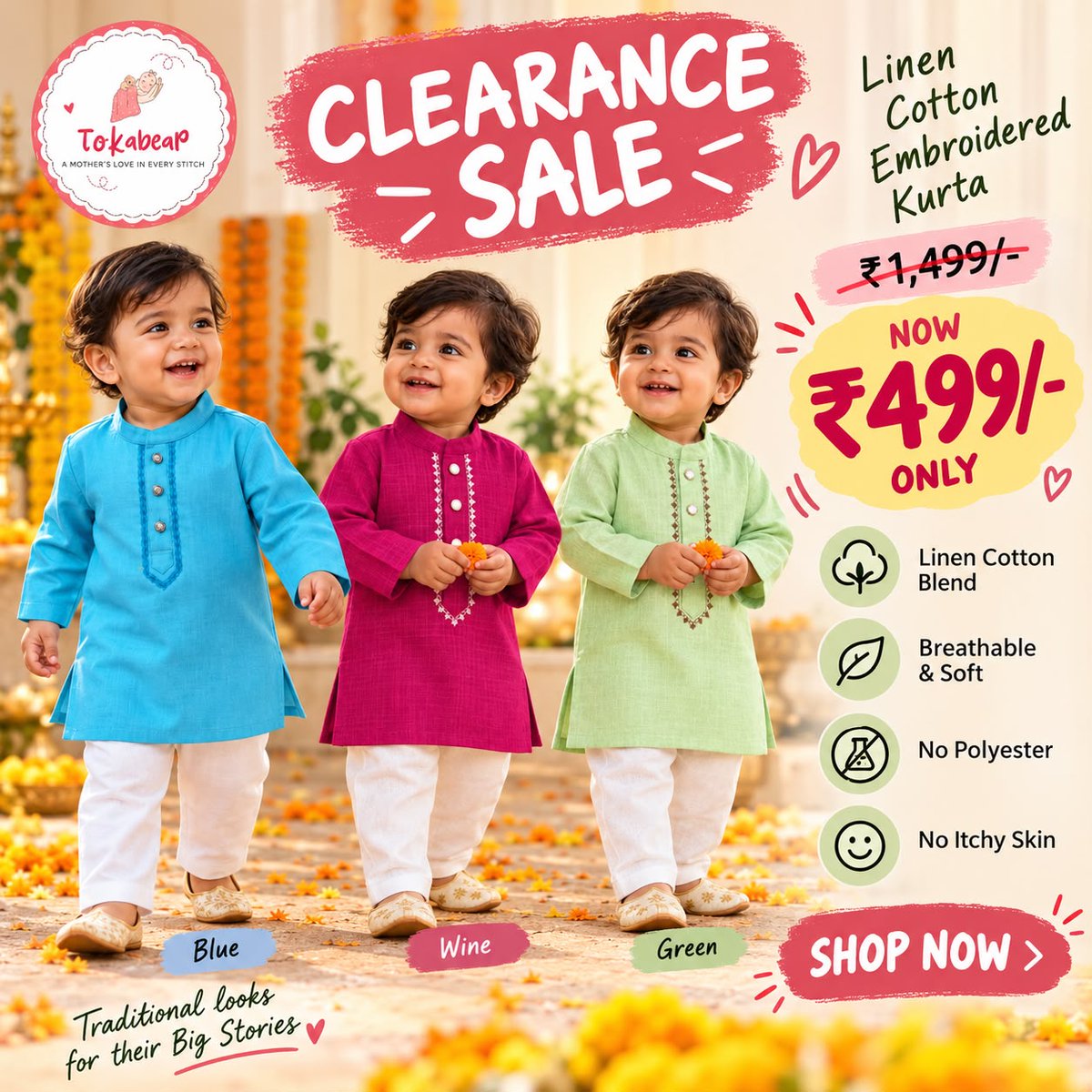 ShopTokabear's tweet photo. Blue, Wine or Green? Pick their festive favourite. 🎉

Embroidered linen cotton kurtas, now just ₹499 (was ₹1,499). That’s 67% off.

Breathable and soft. No polyester. No itchy skin. Traditional looks for their big stories.

Clearance sale, while stock lasts.